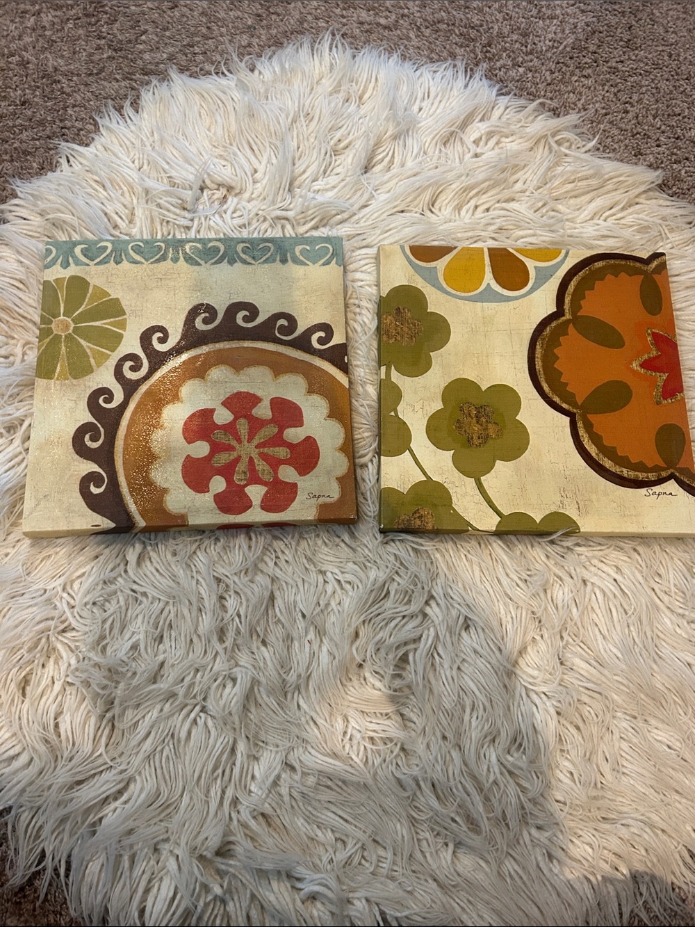 Set of 2 Floral Abstract Canvas Prints in Cream, Green & Orange